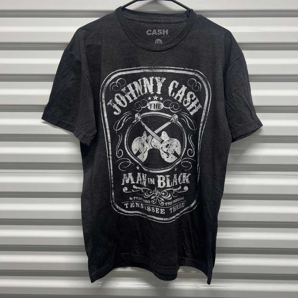Johnny Cash Mens T-Shirt Large Cotton Blend Gray Man In Black Graphic Rock Tee